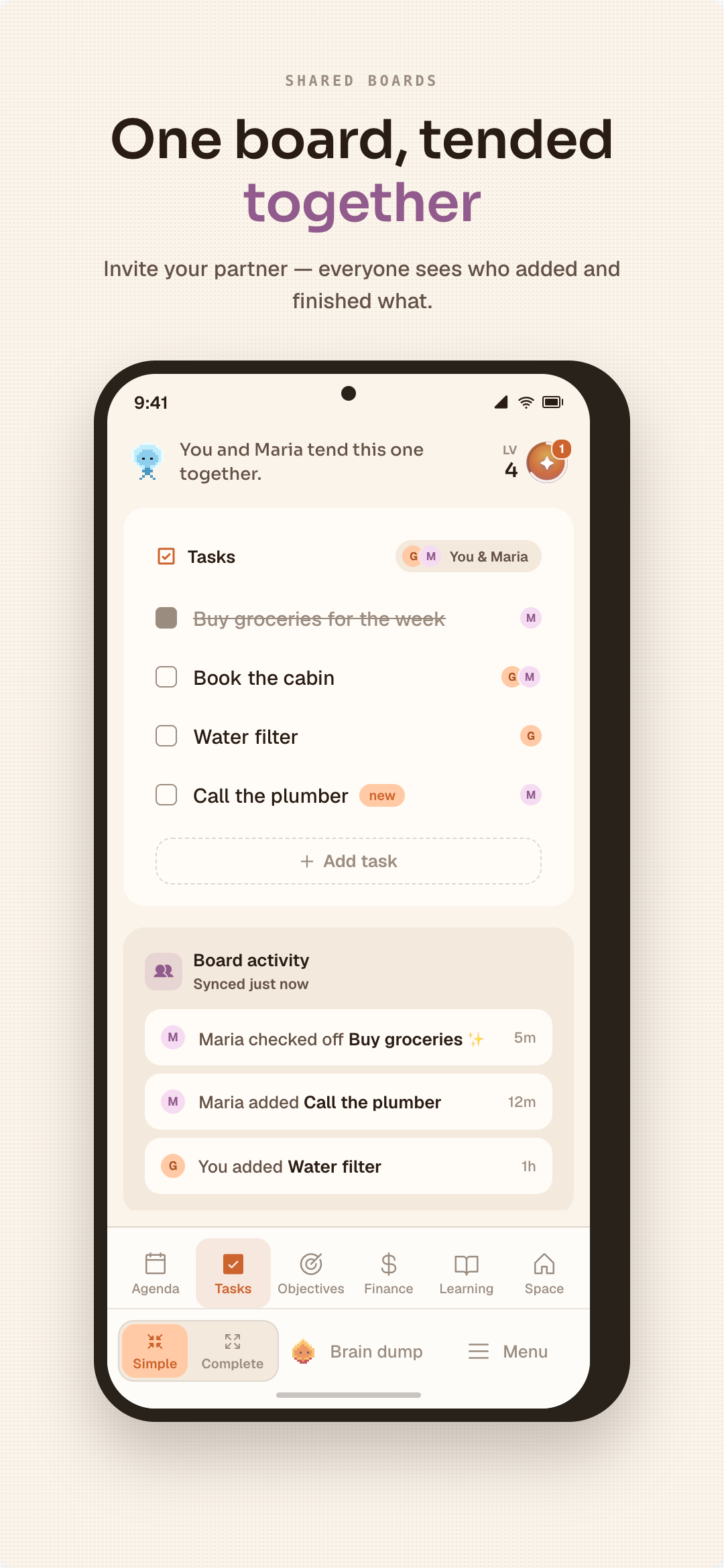 Mobile app screenshot showing a shared tasks board with partner activity.
